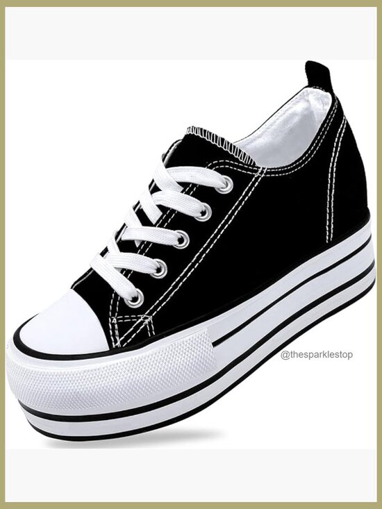 Shoes - Canvas Platform Wedge Sneakers 3in Hidden Heel Height Boost Lace Up